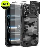 [Bundle] iPhone 18 Pro / Pro Max | Fusion-X + AR Protectors - A black protective phone case with a carbon-fiber textured back and raised camera bezel, shown alongside two AR-coated screen protectors and a Ringke camera lens protector sticker. The case features a gray and black camouflage pattern on the back.