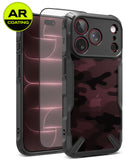 [Bundle] iPhone 18 Pro / Pro Max | Fusion-X + AR Protectors - A black protective phone case with a gray and black camouflage pattern on the back, shown alongside two clear tempered glass screen protectors with an AR coating overlay. A yellow circular 'AR COATING' badge is in the top-left corner.