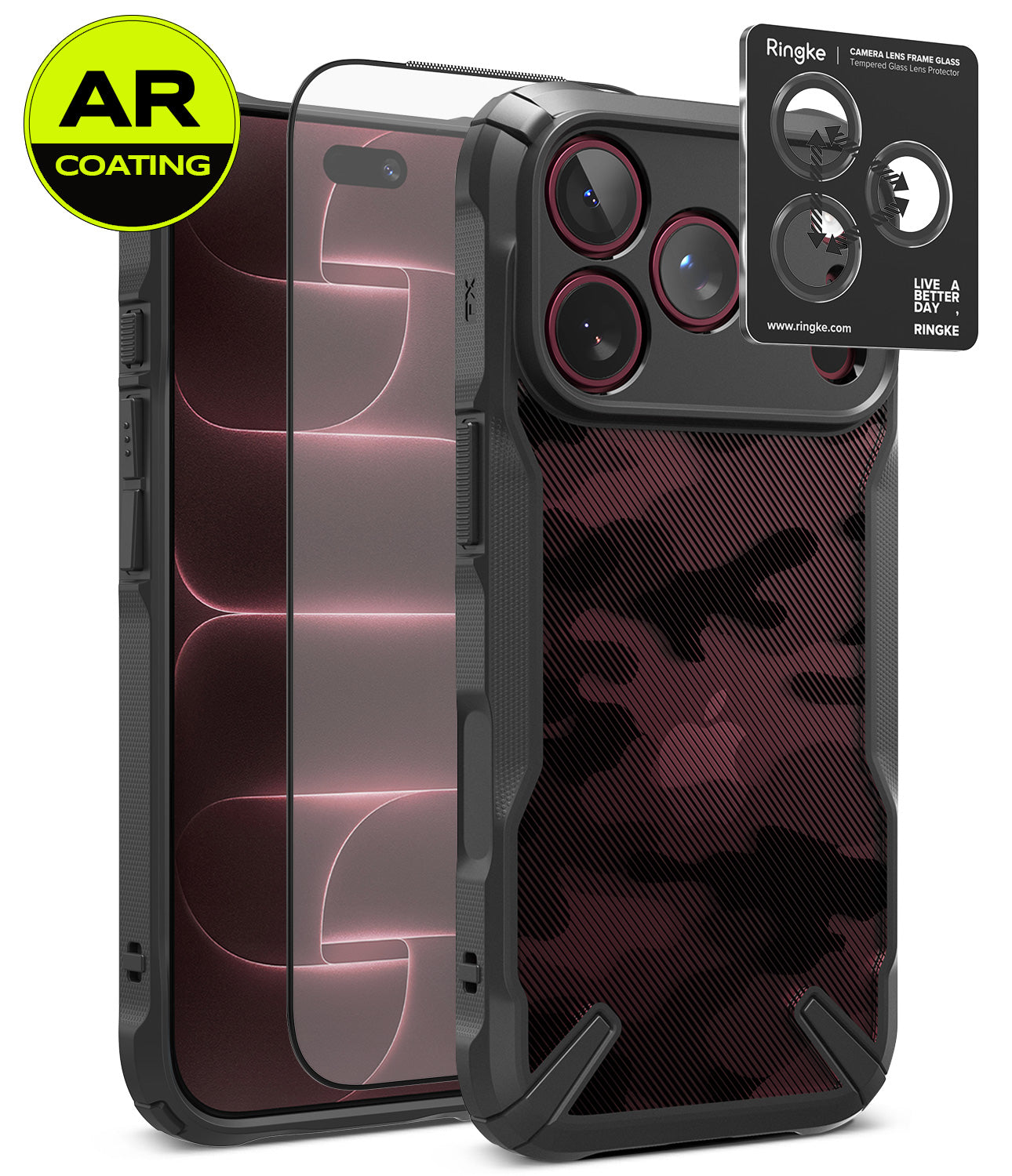 [Bundle] iPhone 18 Pro / Pro Max | Fusion-X + AR Protectors - A black protective phone case with a carbon-fiber textured back and raised camera bezel, shown alongside two AR-coated screen protectors and a Ringke camera lens protector sticker. The case features a gray and black camouflage pattern on the back.