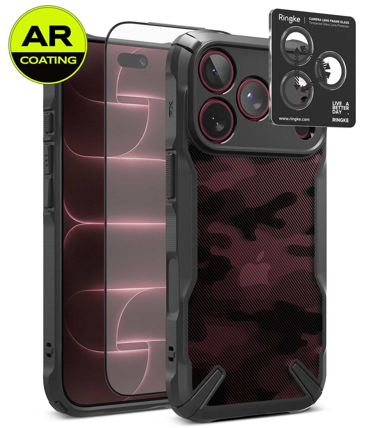 [Bundle] iPhone 18 Pro / Pro Max | Fusion-X + AR Protectors - A black protective phone case with a carbon-fiber textured back and raised camera bezel, shown alongside two AR-coated screen protectors and a Ringke camera lens protector sticker. The case features a gray and black camouflage pattern on the back.