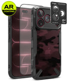 [Bundle] iPhone 18 Pro / Pro Max | Fusion-X + AR Protectors - A black protective phone case with a carbon-fiber textured back and raised camera bezel, shown alongside two AR-coated screen protectors and a Ringke camera lens protector sticker. The case features a gray and black camouflage pattern on the back.