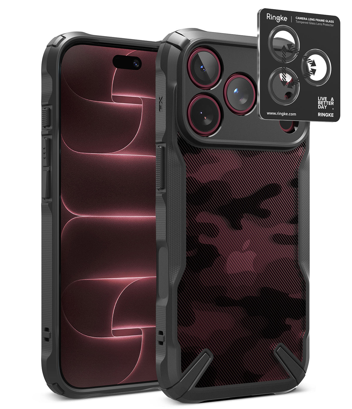 [Bundle] iPhone 18 Pro / Pro Max | Fusion-X + AR Protectors - A black protective phone case with a textured carbon-fiber-style back panel and a raised camera cutout, shown from the back and side on a white background. A small Ringke camera lens protector sticker is shown above the camera opening.