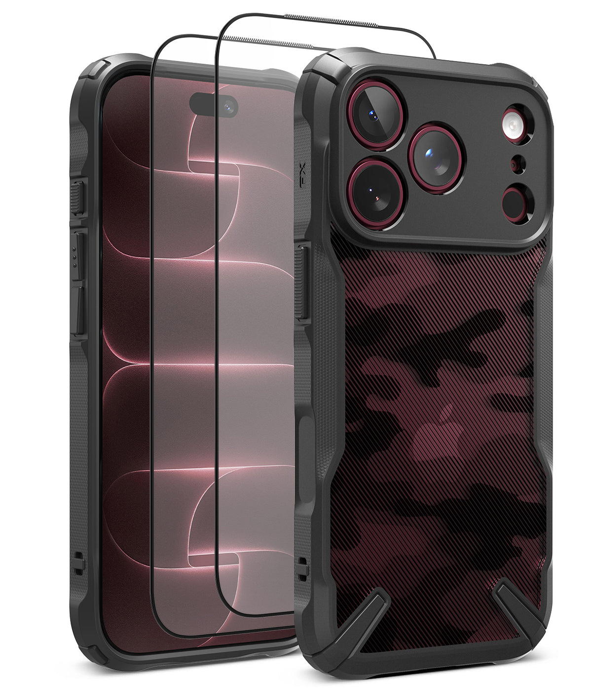 [Bundle] iPhone 18 Pro / Pro Max | Fusion-X + Protectors - A black rugged phone case with a gray and black camouflage pattern back panel, shown alongside two clear screen protectors on a white background.