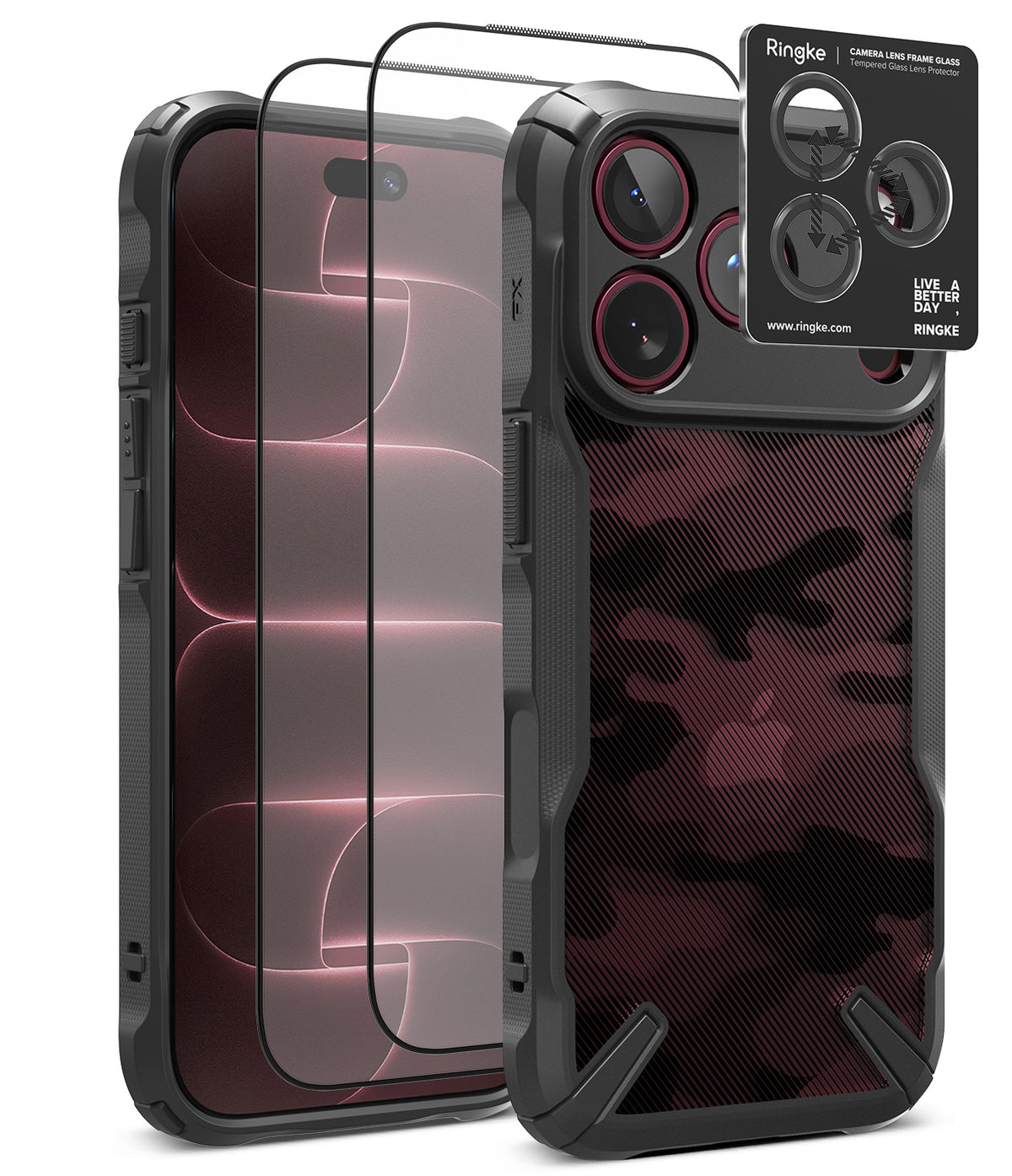 [Bundle] iPhone 18 Pro / Pro Max | Fusion-X + Protectors - Ringke camera lens protector set shown on a smartphone case, including two clear lens protectors over the front camera and a black camera lens protector card with Ringke branding and a live view window.