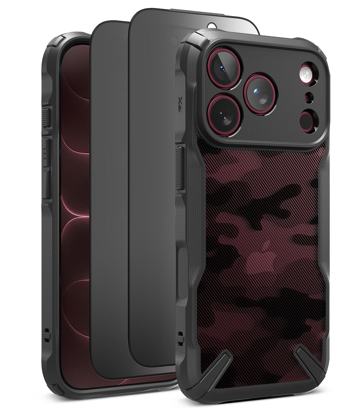 [Bundle] iPhone 18 Pro / Pro Max | Fusion-X + Privacy Protectors - Three views of a rugged black phone case with a gray and black camouflage pattern on the back, displayed on a white background.