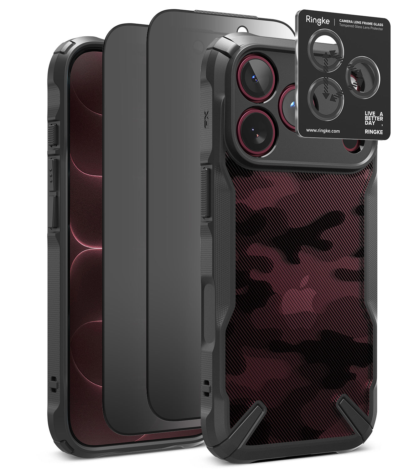 [Bundle] iPhone 18 Pro / Pro Max | Fusion-X + Privacy Protectors - Three views of a black protective phone case with a textured carbon-fiber-style pattern on the back, shown alongside a black Ringke camera lens protector plate, on a plain white background.