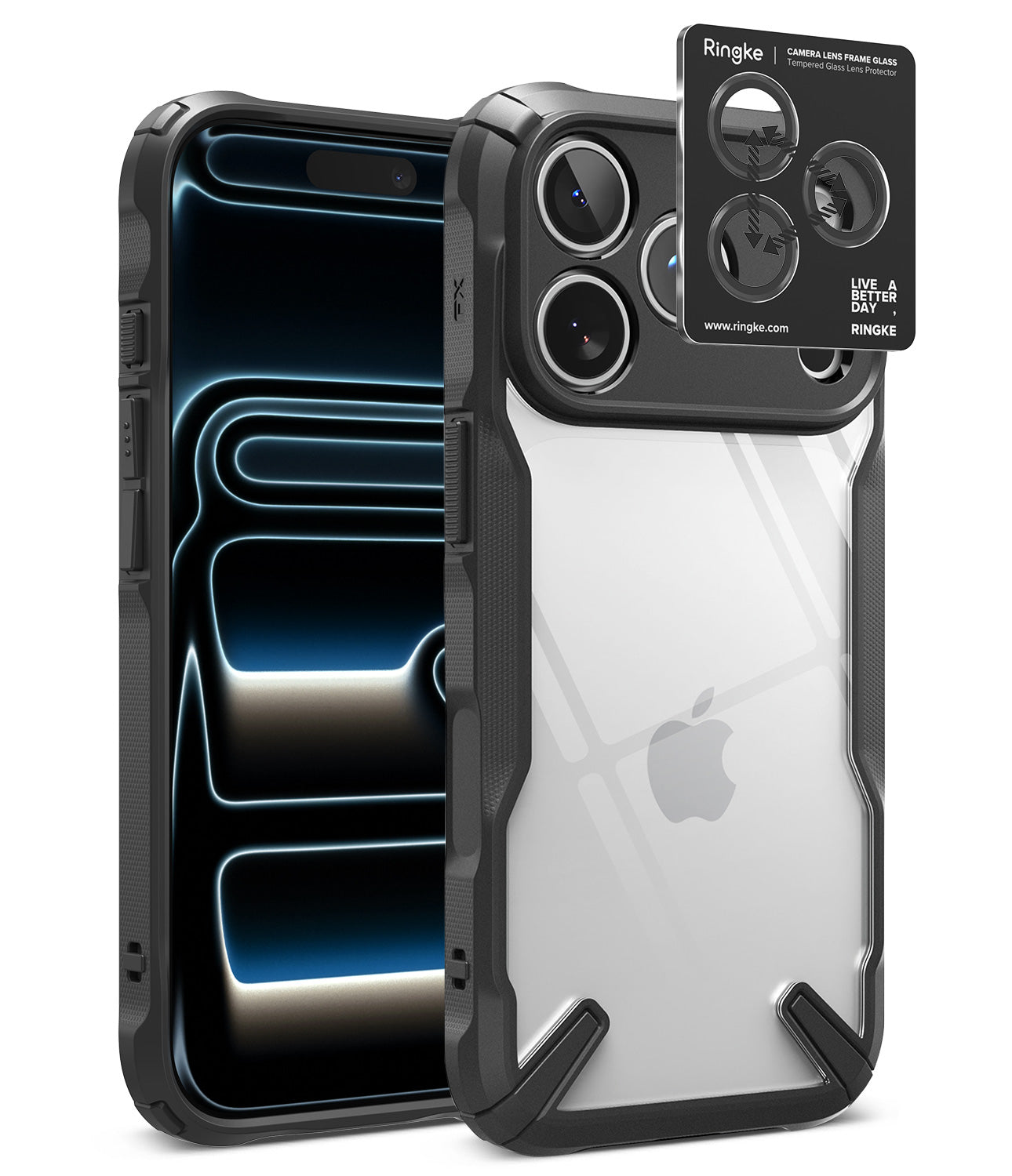 [Bundle] iPhone 18 Pro / Pro Max | Fusion-X + Protectors - A clear protective phone case with a black bumper frame, shown on a smartphone from the front and back. A black Ringke camera lens protector sticker is displayed on the upper right corner of the back view.