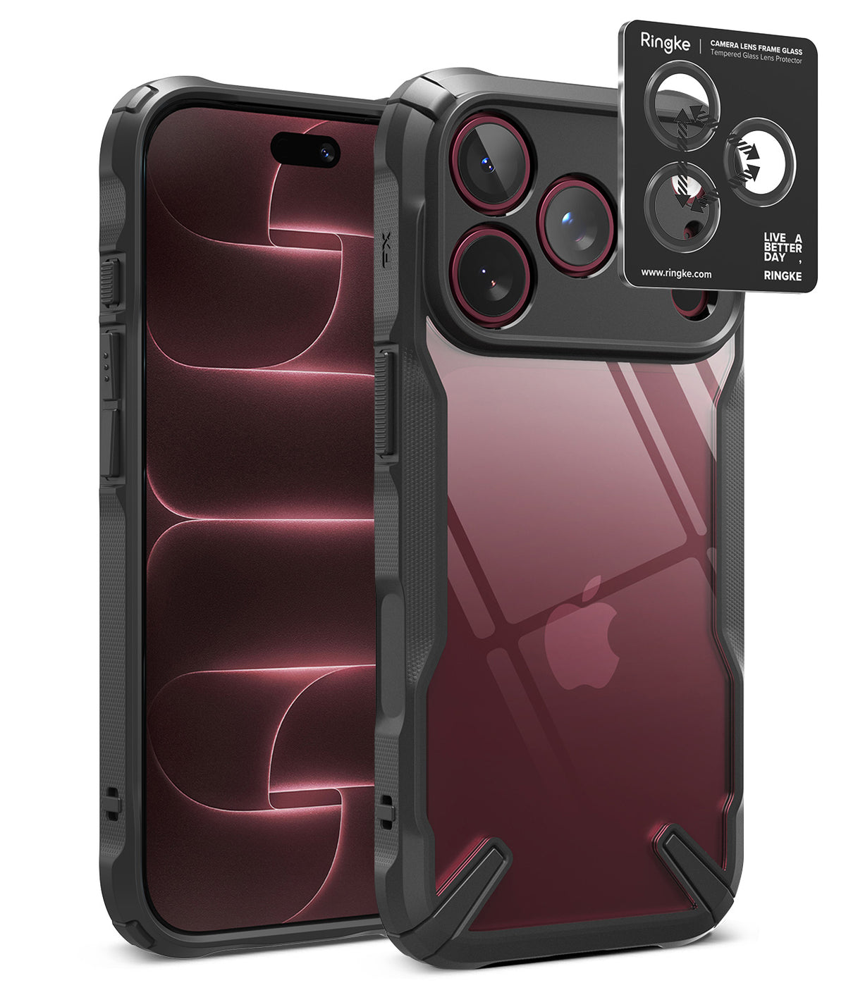 [Bundle] iPhone 18 Pro / Pro Max | Fusion-X + AR Protectors - A clear protective phone case with a black bumper frame, shown on a smartphone from the front and back. A black Ringke camera lens protector sticker is displayed on the upper right corner of the back view.