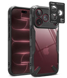 [Bundle] iPhone 18 Pro / Pro Max | Fusion-X + Privacy Protectors - A clear protective phone case with a black bumper frame, shown on a smartphone from the front and back. A black Ringke camera lens protector sticker is displayed on the upper right corner of the back view.