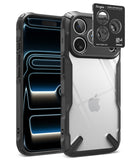 [Bundle] iPhone 18 Pro / Pro Max | Fusion-X + AR Protectors - A clear protective phone case with a black bumper frame, shown on a smartphone from the front and back. A black Ringke camera lens protector sticker is displayed on the upper right corner of the back view.