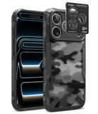 [Bundle] iPhone 18 Pro / Pro Max | Fusion-X + AR Protectors - A black protective phone case with a textured carbon-fiber-style back panel and a raised camera cutout, shown from the back and side on a white background. A small Ringke camera lens protector sticker is shown above the camera opening.