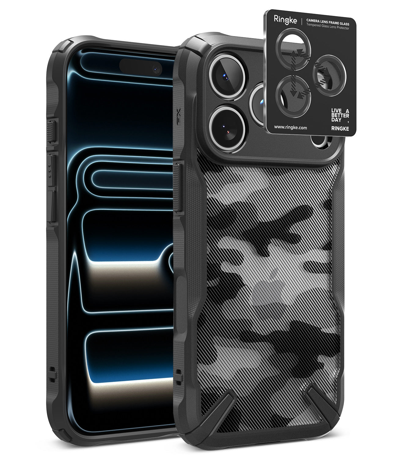[Bundle] iPhone 18 Pro / Pro Max | Fusion-X + Protectors - A black protective phone case with a textured carbon-fiber-style back panel and a raised camera cutout, shown from the back and side on a white background. A small Ringke camera lens protector sticker is shown above the camera opening.