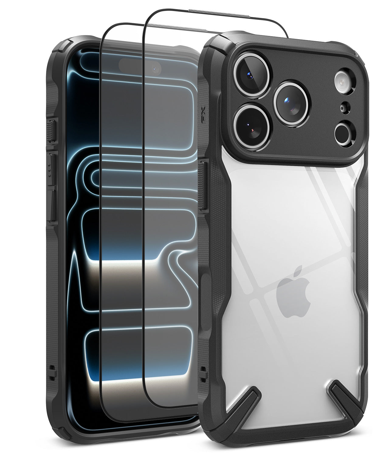 [Bundle] iPhone 18 Pro / Pro Max | Fusion-X + Protectors - A clear and black protective phone case with a matching tempered glass screen protector, shown on a silver iPhone. The case features a rugged black bumper frame with corner reinforcements and a transparent back panel.