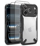 [Bundle] iPhone 18 Pro / Pro Max | Fusion-X + Protectors - A clear and black protective phone case with a matching tempered glass screen protector, shown on a silver iPhone. The case features a rugged black bumper frame with corner reinforcements and a transparent back panel.