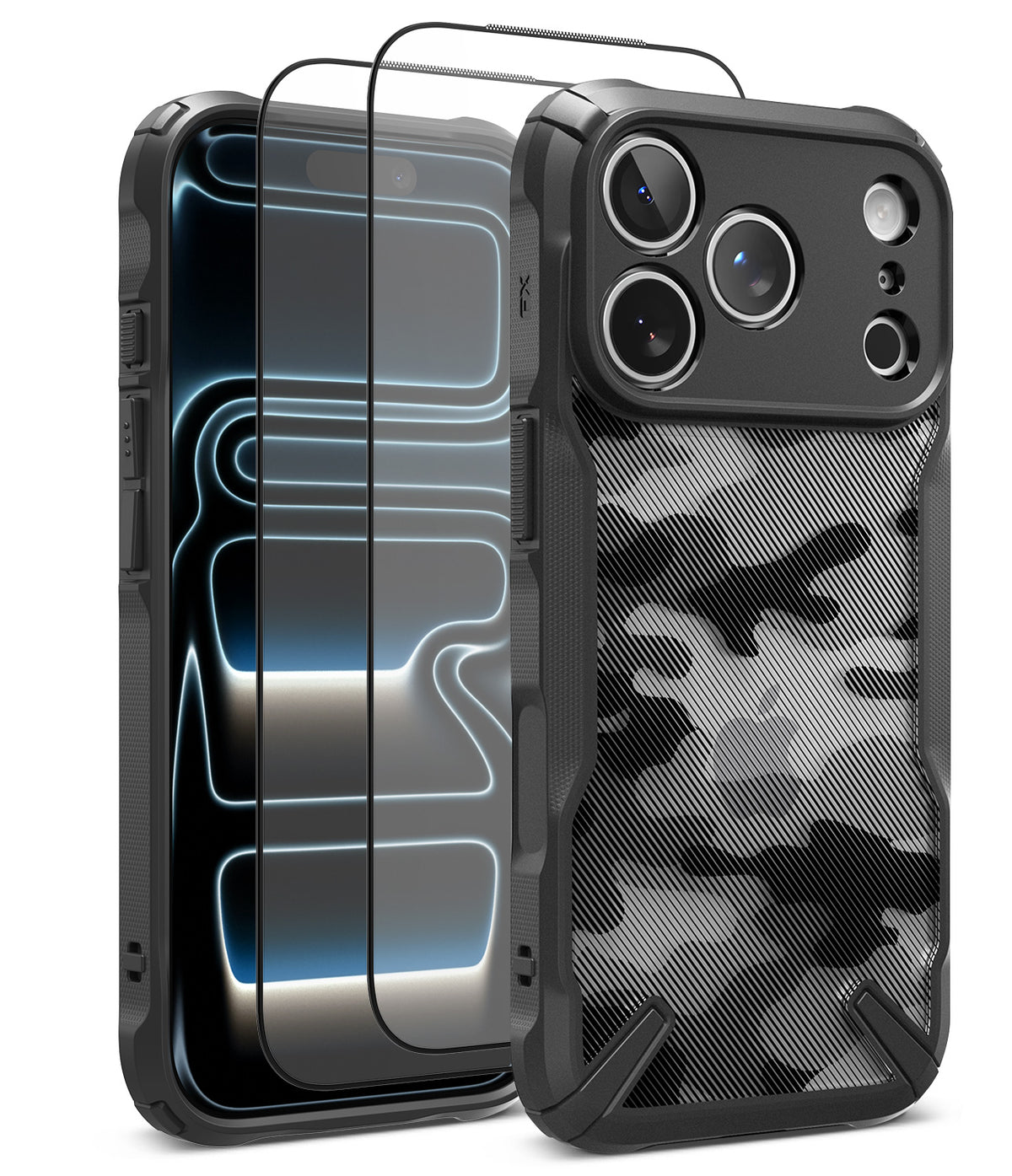 [Bundle] iPhone 18 Pro / Pro Max | Fusion-X + Protectors - A black rugged phone case with a gray and black camouflage pattern back panel, shown alongside two clear screen protectors on a white background.