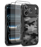 [Bundle] iPhone 18 Pro / Pro Max | Fusion-X + Protectors - A black rugged phone case with a gray and black camouflage pattern back panel, shown alongside two clear screen protectors on a white background.