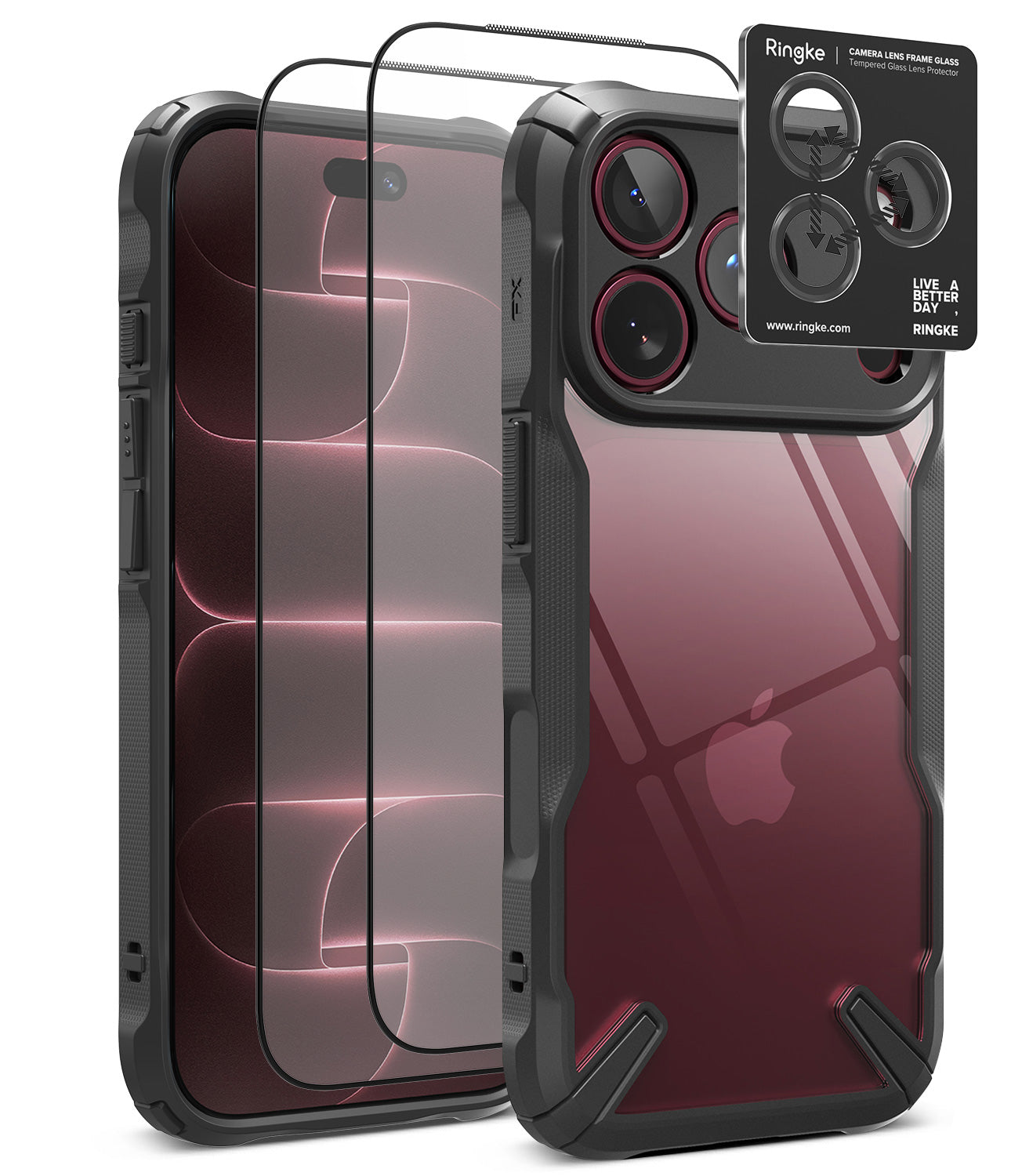 [Bundle] iPhone 18 Pro / Pro Max | Fusion-X + Protectors - A clear and black protective phone case set shown on a smartphone, with two transparent screen protectors floating beside it and a small black Ringke camera lens protector card in the upper right. The Apple logo is visible through the case, but Apple is not the product brand being sold here.