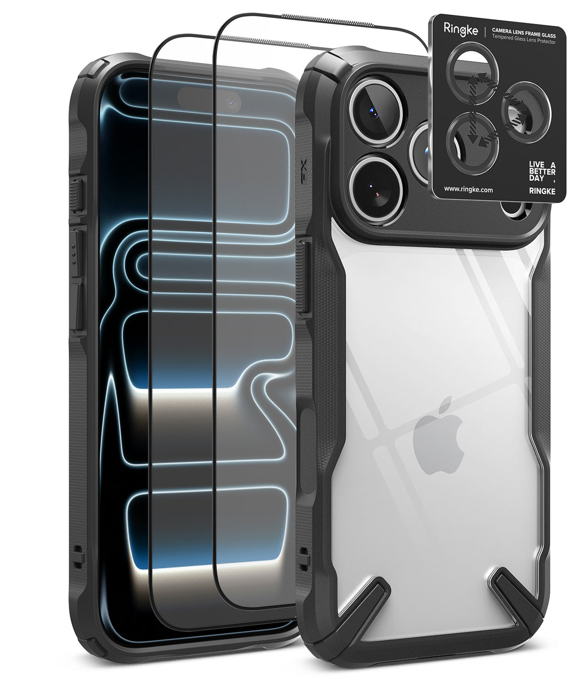 [Bundle] iPhone 18 Pro / Pro Max | Fusion-X + Protectors - A clear and black protective phone case set shown on a smartphone, with two transparent screen protectors floating beside it and a small black Ringke camera lens protector card in the upper right. The Apple logo is visible through the case, but Apple is not the product brand being sold here.