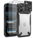 [Bundle] iPhone 18 Pro / Pro Max | Fusion-X + Protectors - A clear and black protective phone case set shown on a smartphone, with two transparent screen protectors floating beside it and a small black Ringke camera lens protector card in the upper right. The Apple logo is visible through the case, but Apple is not the product brand being sold here.