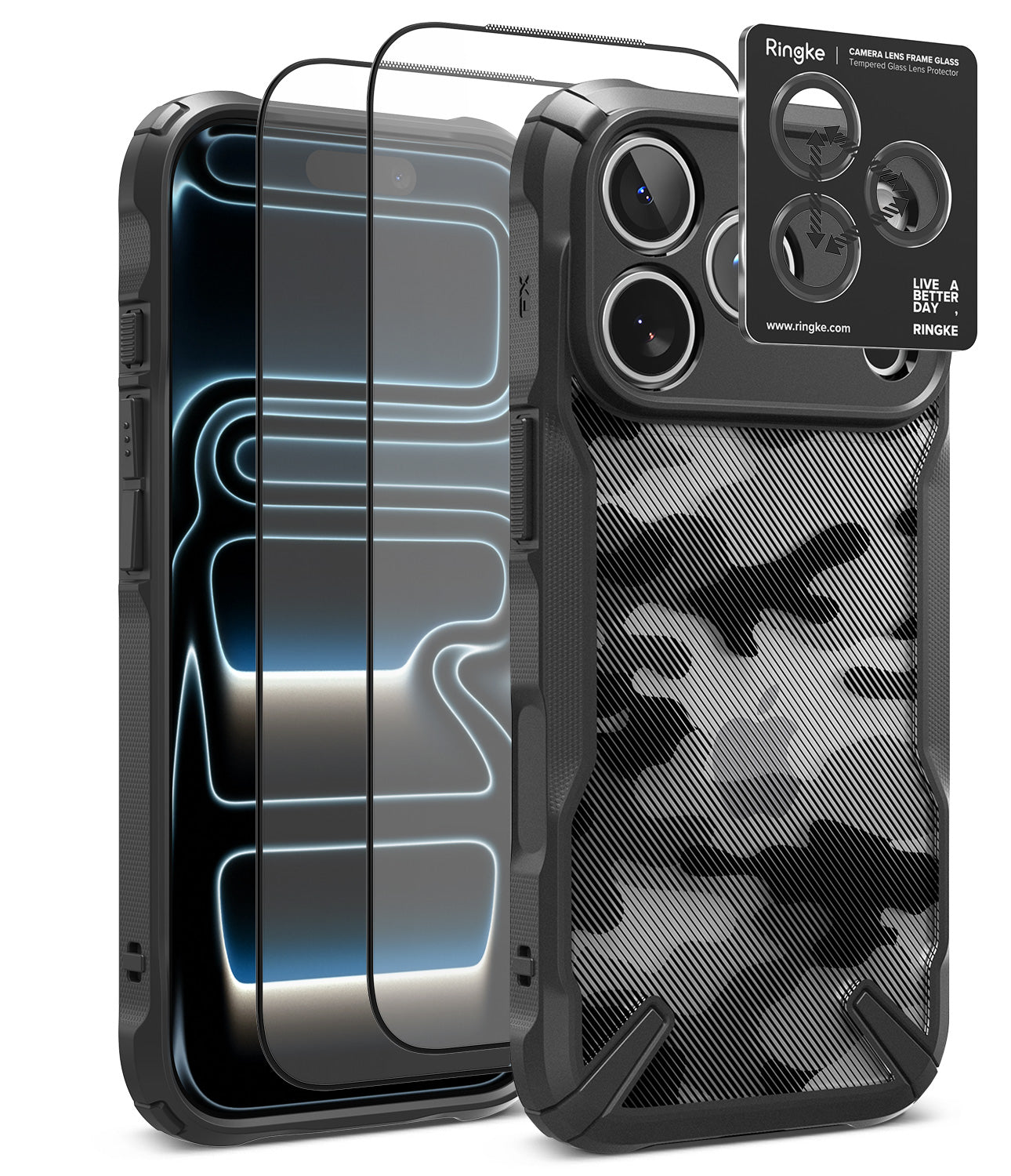 [Bundle] iPhone 18 Pro / Pro Max | Fusion-X + Protectors - Ringke camera lens protector set shown on a smartphone case, including two clear lens protectors over the front camera and a black camera lens protector card with Ringke branding and a live view window.