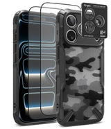 [Bundle] iPhone 18 Pro / Pro Max | Fusion-X + Protectors - Ringke camera lens protector set shown on a smartphone case, including two clear lens protectors over the front camera and a black camera lens protector card with Ringke branding and a live view window.