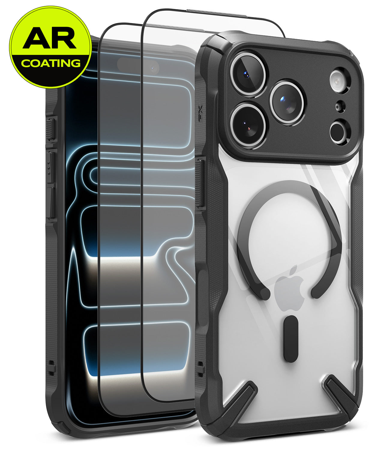 [Bundle] iPhone 18 Pro / Pro Max | Fusion-X Magnetic + AR Protectors - A clear and black protective phone case with a MagSafe ring, shown alongside a phone displaying AR Coating glass screen protectors. The Apple logo is visible through the case, indicating compatibility with an iPhone.