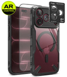 [Bundle] iPhone 18 Pro / Pro Max | Fusion-X Magnetic + AR Protectors - A clear and black protective phone case with a MagSafe ring, shown alongside two AR-coated screen protectors and a Ringke camera lens protector sticker. The Apple logo is visible through the case, indicating compatibility with an iPhone.