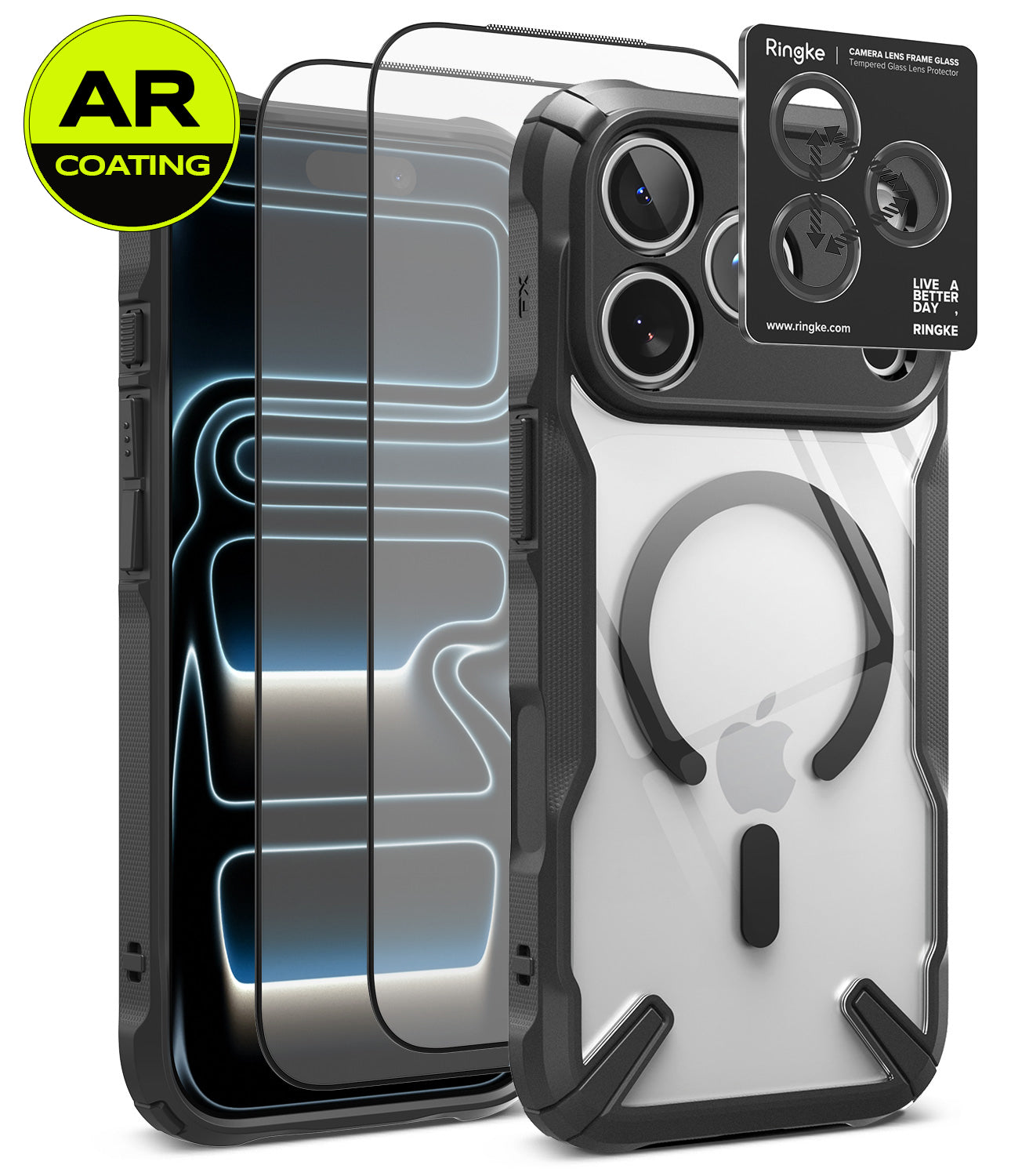 [Bundle] iPhone 18 Pro / Pro Max | Fusion-X Magnetic + AR Protectors - A clear and black protective phone case with a MagSafe ring, shown alongside two AR-coated screen protectors and a Ringke camera lens protector sticker. The Apple logo is visible through the case, indicating compatibility with an iPhone.