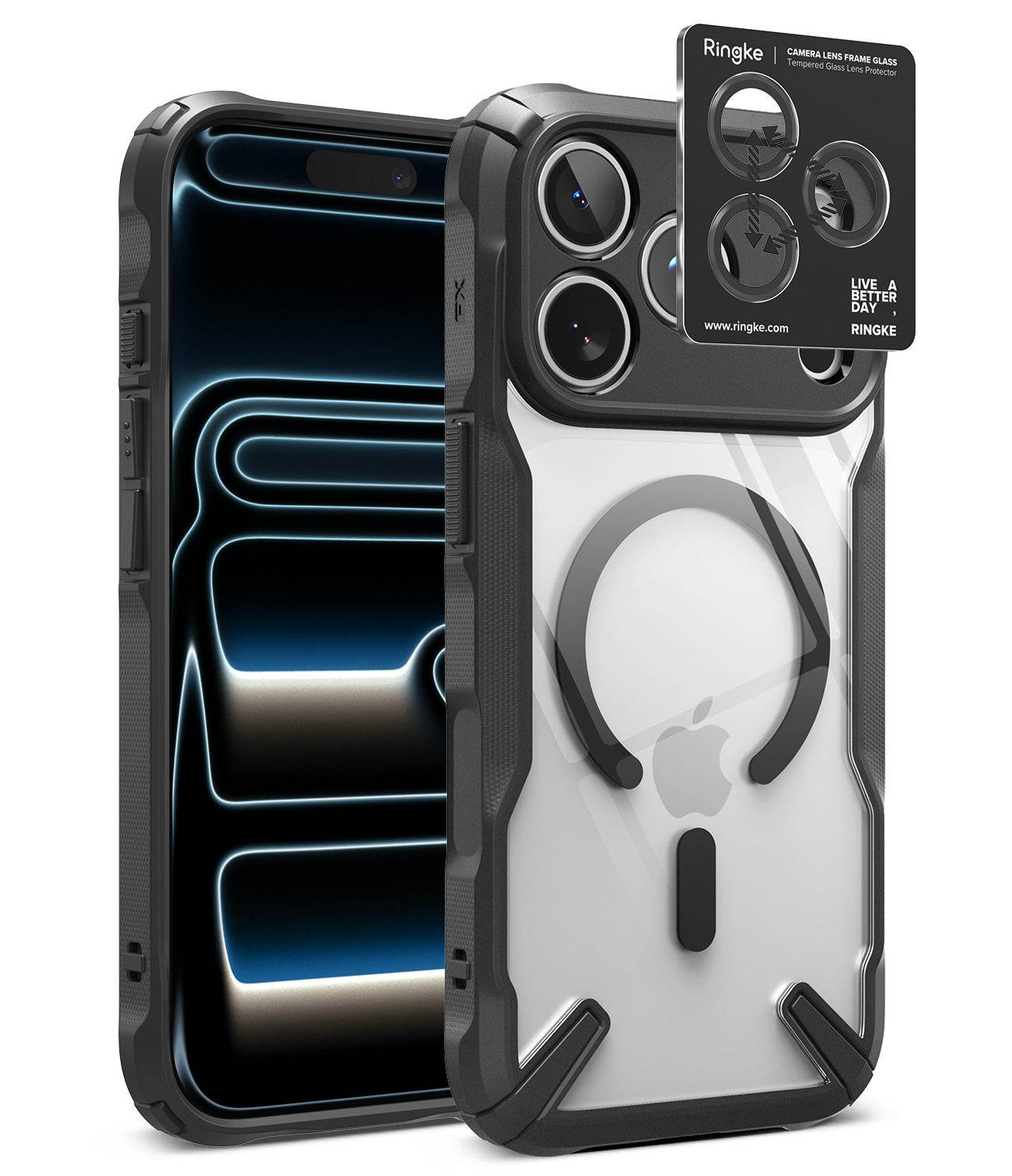 [Bundle] iPhone 18 Pro / Pro Max | Fusion-X Magnetic + Protectors - Ringke iPhone case with a clear back panel, black protective bumper edges, and a built-in camera lens protector shown on a white background.
