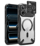 [Bundle] iPhone 18 Pro / Pro Max | Fusion-X Magnetic + Protectors - Ringke iPhone case with a clear back panel, black protective bumper edges, and a built-in camera lens protector shown on a white background.