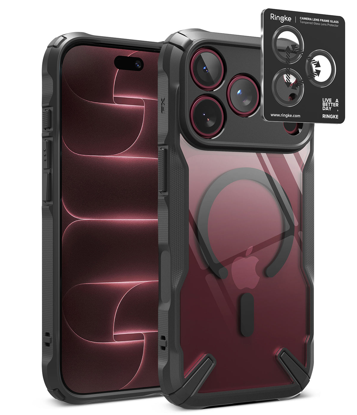 [Bundle] iPhone 18 Pro / Pro Max | Fusion-X Magnetic + Privacy Protectors - Ringke iPhone case with a clear back panel, black protective bumper edges, and a built-in camera lens protector shown on a white background.