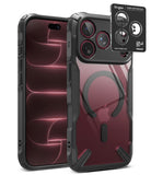 [Bundle] iPhone 18 Pro / Pro Max | Fusion-X Magnetic + Privacy Protectors - Ringke iPhone case with a clear back panel, black protective bumper edges, and a built-in camera lens protector shown on a white background.