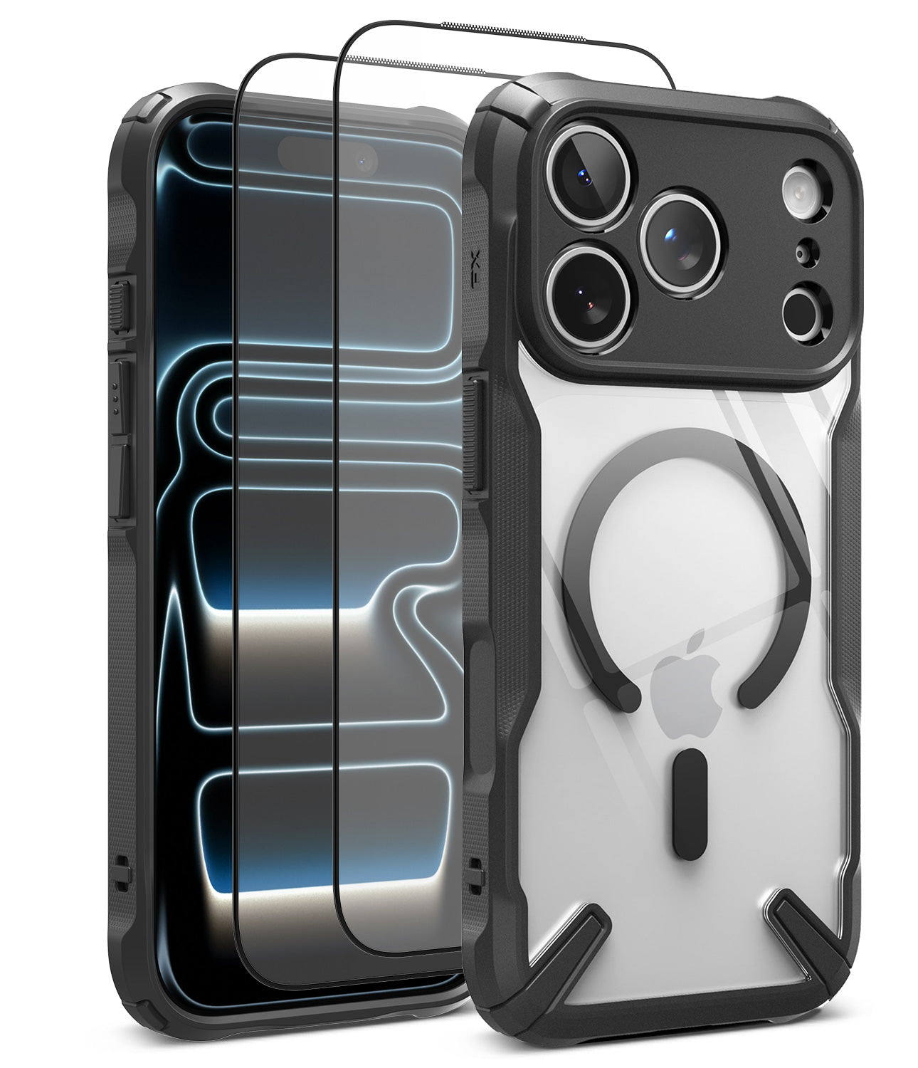 [Bundle] iPhone 18 Pro / Pro Max | Fusion-X Magnetic + Protectors - A clear and black rugged phone case with MagSafe compatibility, shown alongside two glass screen protectors on a white background.