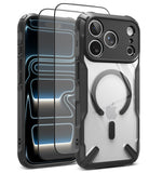 [Bundle] iPhone 18 Pro / Pro Max | Fusion-X Magnetic + Protectors - A clear and black rugged phone case with MagSafe compatibility, shown alongside two glass screen protectors on a white background.