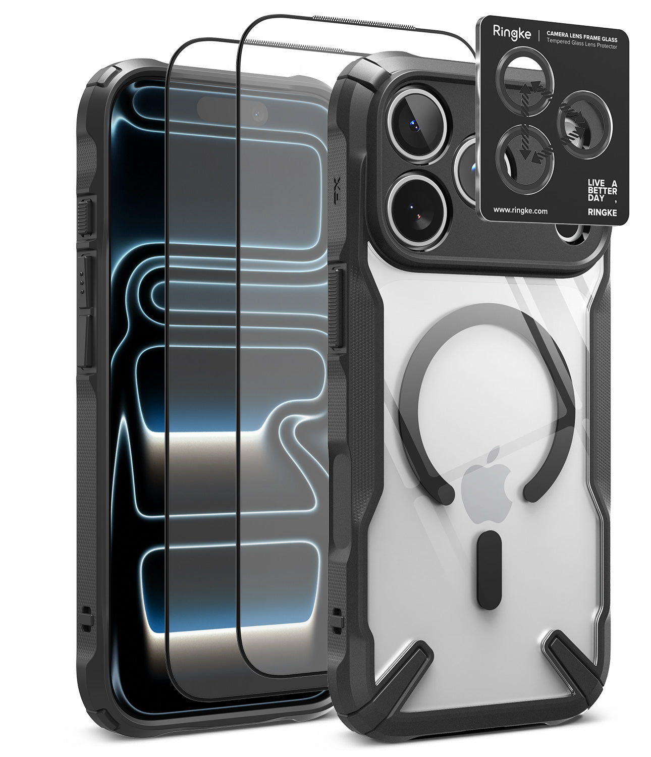[Bundle] iPhone 18 Pro / Pro Max | Fusion-X Magnetic + Protectors - A clear and black protective phone case with a MagSafe ring, shown alongside two transparent screen protectors and a Ringke camera lens protector sticker on a white background.