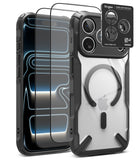 [Bundle] iPhone 18 Pro / Pro Max | Fusion-X Magnetic + Protectors - A clear and black protective phone case with a MagSafe ring, shown alongside two transparent screen protectors and a Ringke camera lens protector sticker on a white background.
