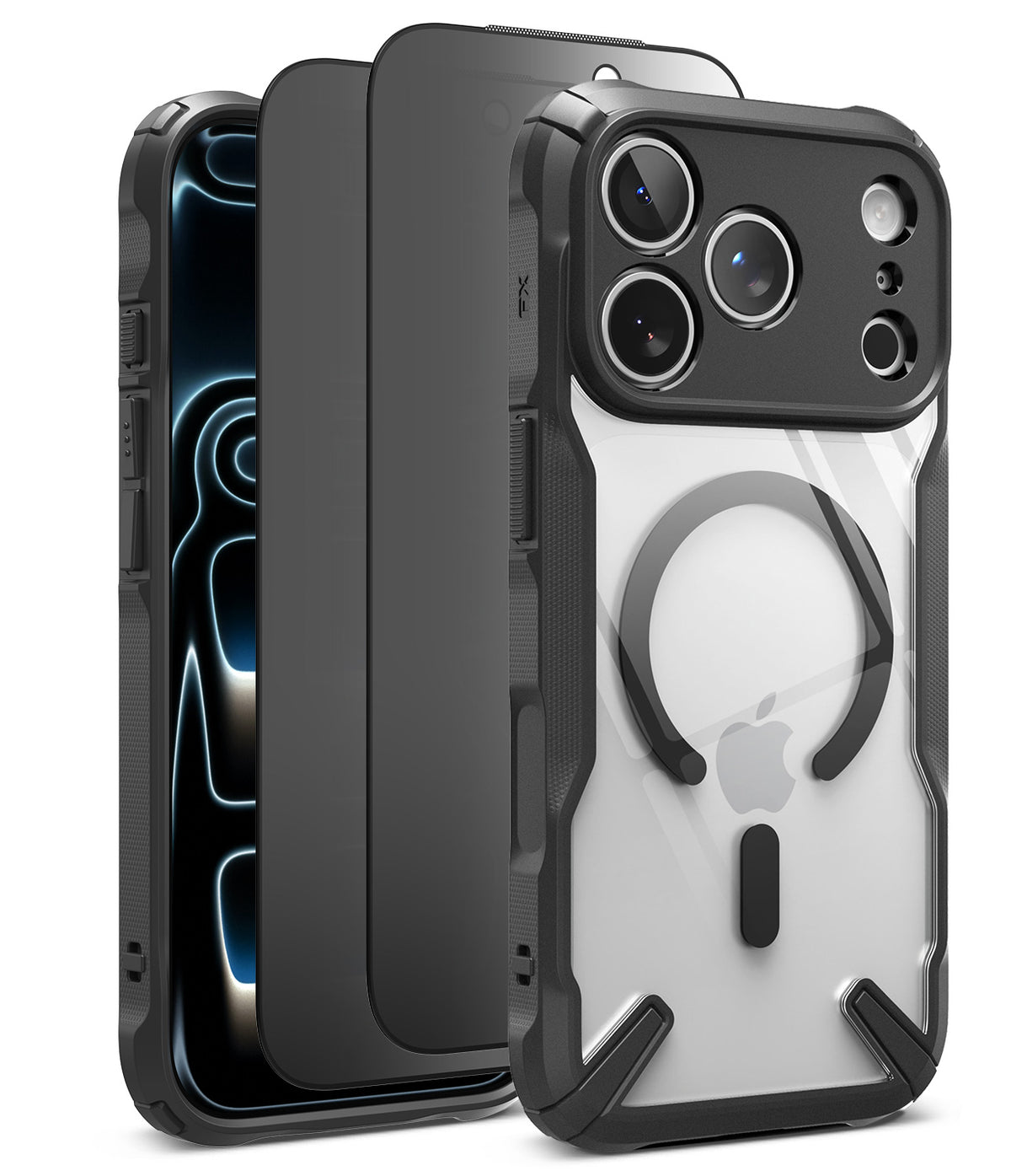 [Bundle] iPhone 18 Pro / Pro Max | Fusion-X Magnetic + Privacy Protectors - Three views of a rugged protective phone case for an iPhone, showing the black front bumper, the back with MagSafe ring, and the inner black protective layer, on a white background.