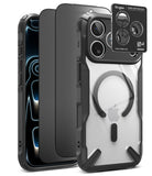 [Bundle] iPhone 18 Pro / Pro Max | Fusion-X Magnetic + Privacy Protectors - A clear protective phone case with a black bumper frame and a black MagSafe ring, shown on a smartphone. A small inset at the top right shows the Ringke camera lens protector card.