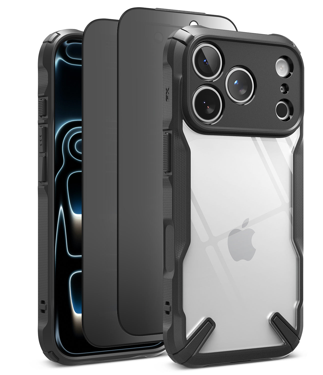 [Bundle] iPhone 18 Pro / Pro Max | Fusion-X + Privacy Protectors - A rugged protective phone case shown on a smartphone from multiple angles. The case is primarily black with a clear, transparent back panel, designed to fit a phone with a triple-camera setup.