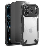 [Bundle] iPhone 18 Pro / Pro Max | Fusion-X + Privacy Protectors - A rugged protective phone case shown on a smartphone from multiple angles. The case is primarily black with a clear, transparent back panel, designed to fit a phone with a triple-camera setup.