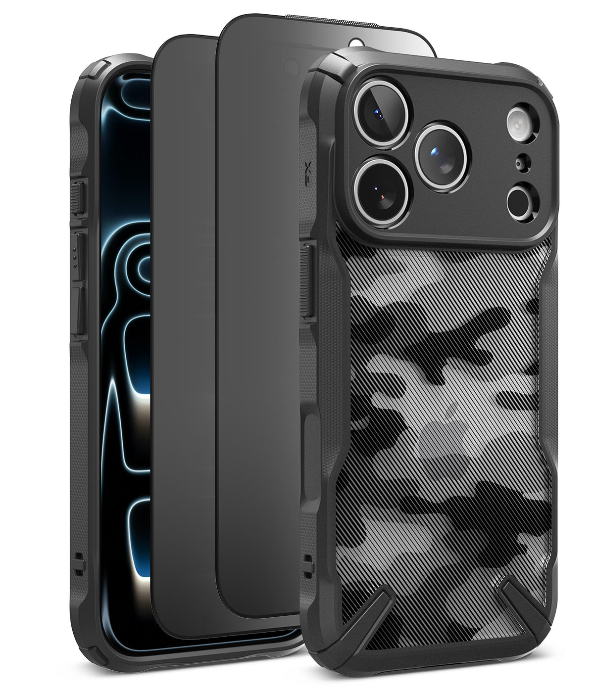 [Bundle] iPhone 18 Pro / Pro Max | Fusion-X + Privacy Protectors - Three views of a rugged black phone case with a gray and black camouflage pattern on the back, displayed on a white background.