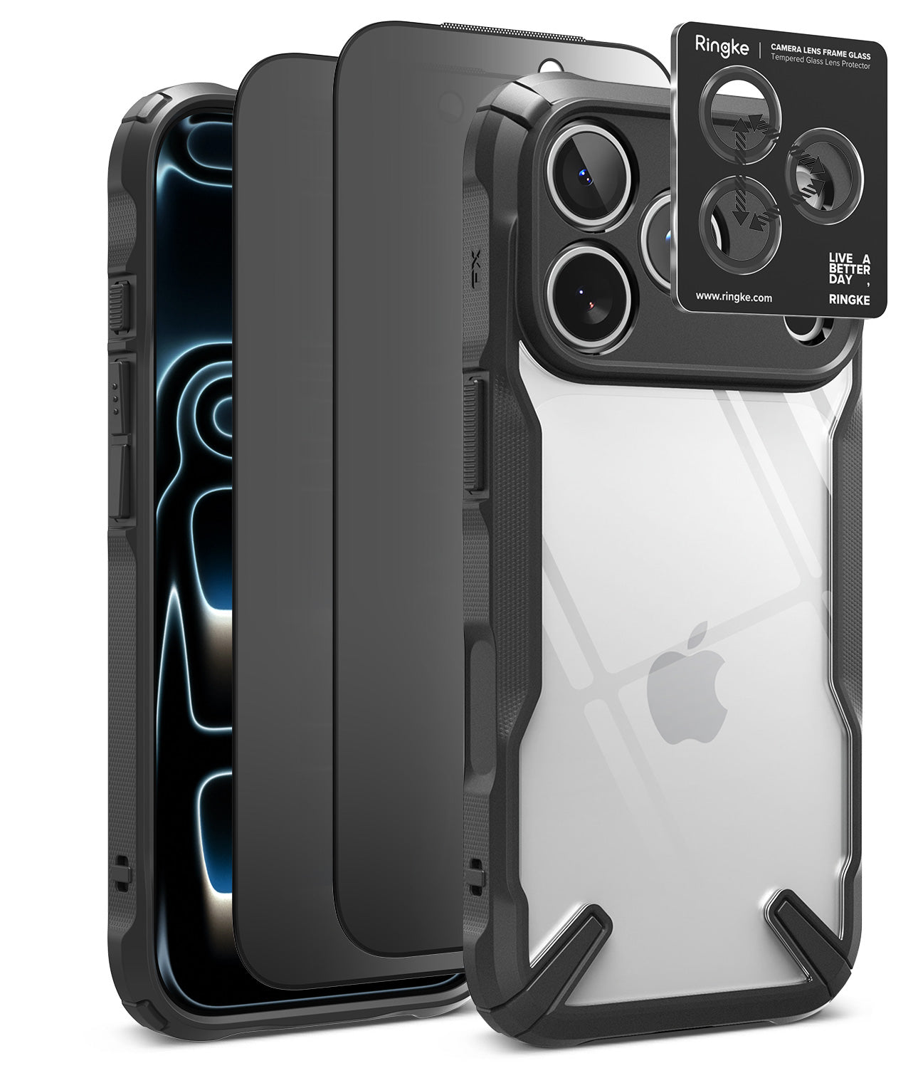 [Bundle] iPhone 18 Pro / Pro Max | Fusion-X + Privacy Protectors - A clear and black protective phone case with a black camera lens guard and a small black accessory card, shown on a white background. The Apple logo is visible on the phone inside the case.