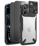 [Bundle] iPhone 18 Pro / Pro Max | Fusion-X + Privacy Protectors - A clear and black protective phone case with a black camera lens guard and a small black accessory card, shown on a white background. The Apple logo is visible on the phone inside the case.