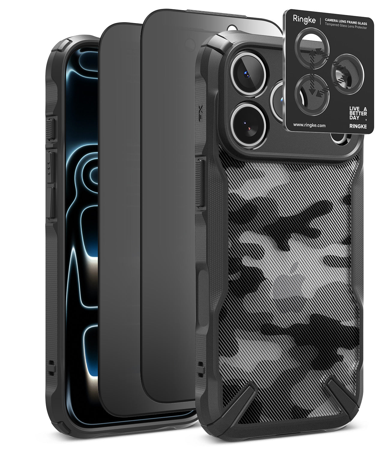 [Bundle] iPhone 18 Pro / Pro Max | Fusion-X + Privacy Protectors - Three views of a black protective phone case with a textured carbon-fiber-style pattern on the back, shown alongside a black Ringke camera lens protector plate, on a plain white background.