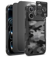 [Bundle] iPhone 18 Pro / Pro Max | Fusion-X + Privacy Protectors - Three views of a black protective phone case with a textured carbon-fiber-style pattern on the back, shown alongside a black Ringke camera lens protector plate, on a plain white background.