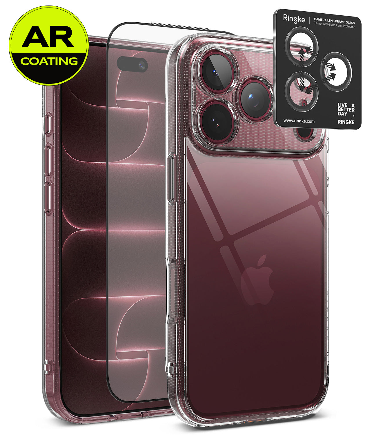 [Bundle] iPhone 18 Pro / Pro Max | Fusion + AR Protectors - Clear protective phone case shown on a smartphone, with two AR-coated screen protectors and a Ringke camera lens protector sticker displayed beside it on a white background.