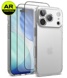 [Bundle] iPhone 18 Pro / Pro Max | Fusion + AR Protectors - Clear AR Coating phone case shown on a smartphone, with two transparent screen protectors overlaid and a yellow-green AR Coating badge in the top-left corner. The Apple logo is visible on the phone inside the case.