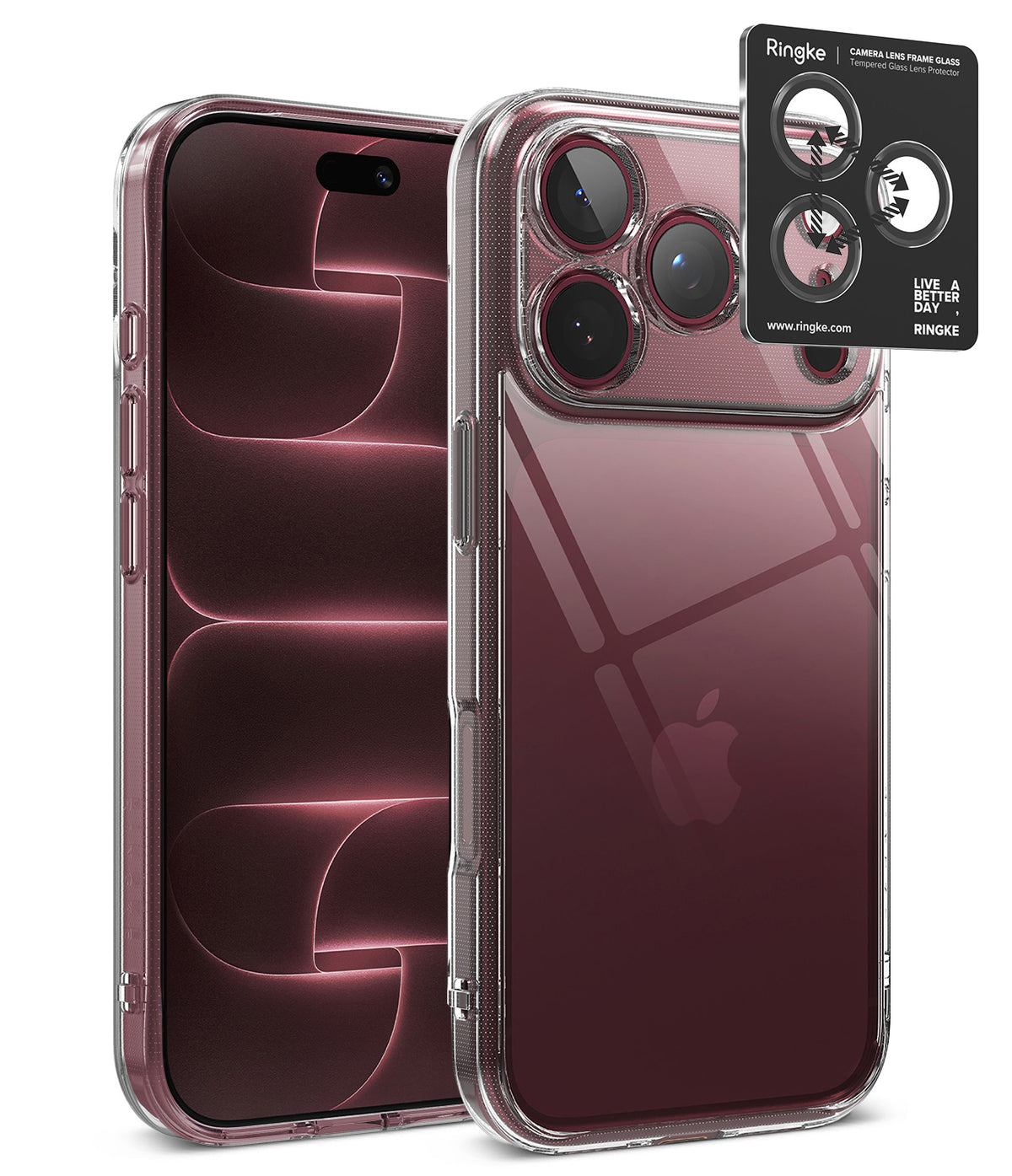 [Bundle] iPhone 18 Pro / Pro Max | Fusion + AR Protectors - A clear protective phone case shown on a smartphone, with a black Ringke camera lens protector sticker applied to the upper left corner of the case. The Apple logo is visible through the transparent case, indicating the phone inside is an iPhone.