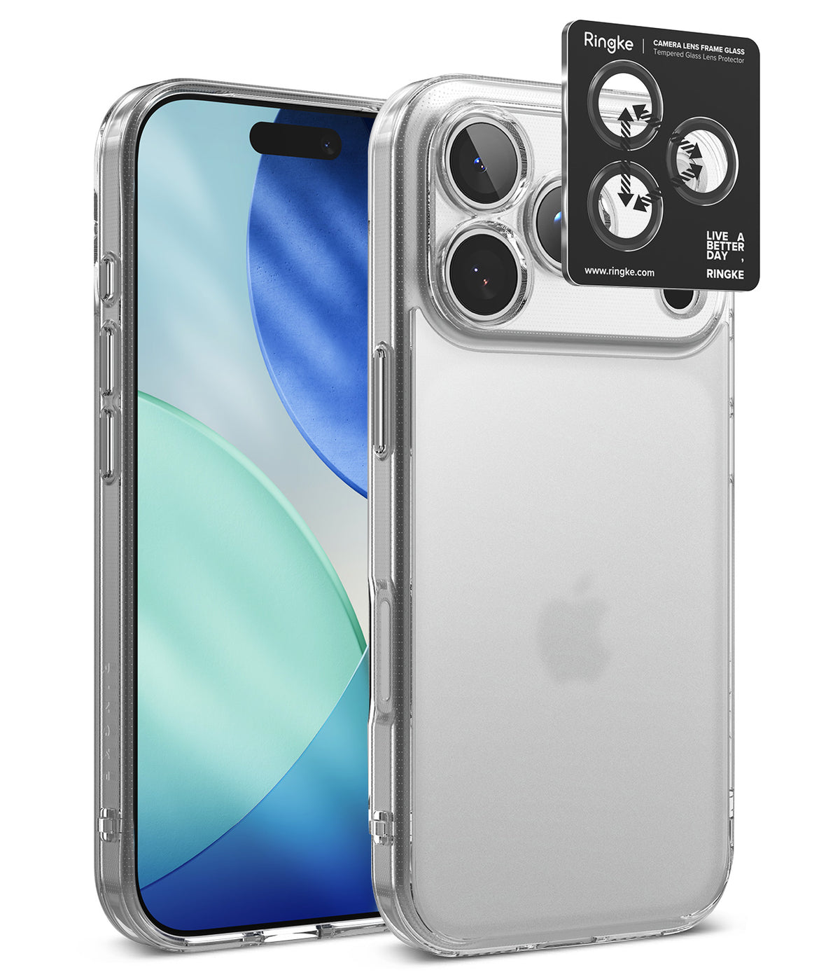 [Bundle] iPhone 18 Pro / Pro Max | Fusion + AR Protectors - A clear protective phone case shown on a smartphone, with a black Ringke camera lens protector sticker applied to the upper left corner of the case. The Apple logo is visible through the transparent case, indicating the phone is an iPhone.
