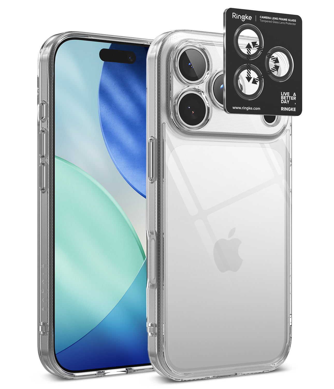 [Bundle] iPhone 18 Pro / Pro Max | Fusion + Privacy Protectors - A clear protective phone case shown on a smartphone, with a black Ringke camera lens protector sticker applied to the upper left corner of the case. The Apple logo is visible through the transparent case, indicating the phone inside is an iPhone.